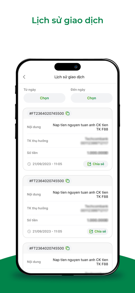 My F88 - Bildschirm für die Transaktionshistorie der My F88 App mit Finanzaufzeichnungen und Daten