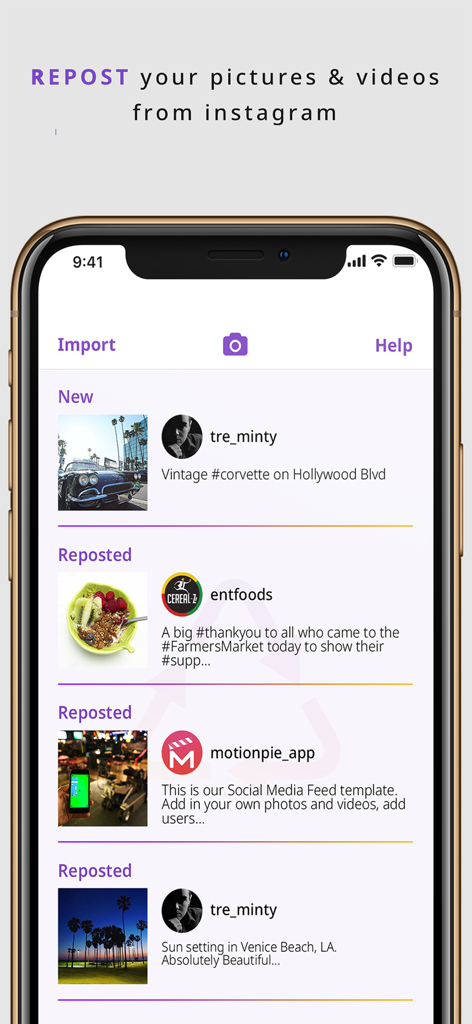 Rep0st - Repost for iG & X - Interface of the Rep0st app displaying a list of imported Instagram photos and videos ready for reposting.