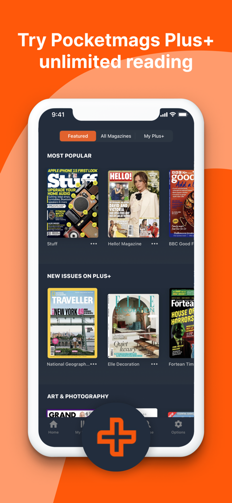 Pocketmags Digital Newsstand - Pocketmags app interface showing a variety of digital magazines and the Pocketmags Plus subscription offer for unlimited reading