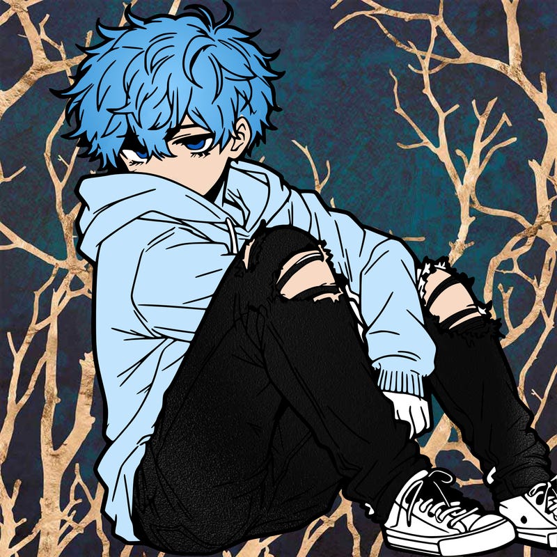 a male hoddie ripped jeans messy hair anime