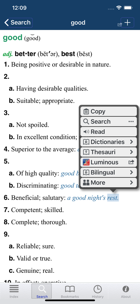 American Heritage® Desk - Screenshot of the word good definition in the American Heritage Desk dictionary app with an options menu