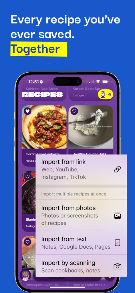 Menu planner - OH, a potato! - Un écran mobile montrant les options d'importation de recettes à partir de liens, de photos de réseaux sociaux et de texte pour une planification de repas facile.
