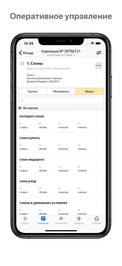 Mobile interface of Ads Manager 2024 showing ad campaign keyword lists and performance metrics
