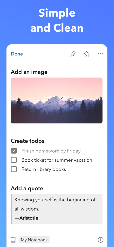 UpNote app screenshot featuring a clean note interface with a mountain image a todo list and a blockquote