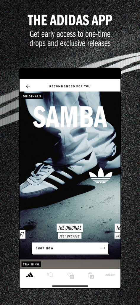 adidas: Shop Shoes & Clothing - Schermata iniziale dell'app Adidas che mostra la collezione di sneakers Samba e l'accesso anticipato a uscite esclusive di prodotti