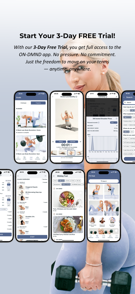 ON-DMND - Un collage d'écrans de l'application ON-DMND présentant des programmes d'entraînement, des recettes de repas, le suivi des performances et des filtres de fitness personnalisés.
