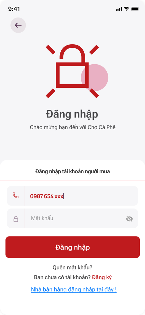 Chợ Cà Phê - Login screen for the Cho Ca Phe B2B coffee marketplace app with phone and password fields