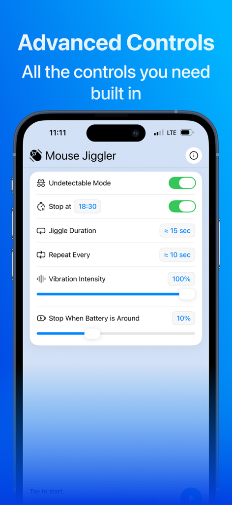 Mouse Jiggler – Cursor Mover - Advanced control settings for Mouse Jiggler app featuring undetectable mode and vibration intensity sliders.