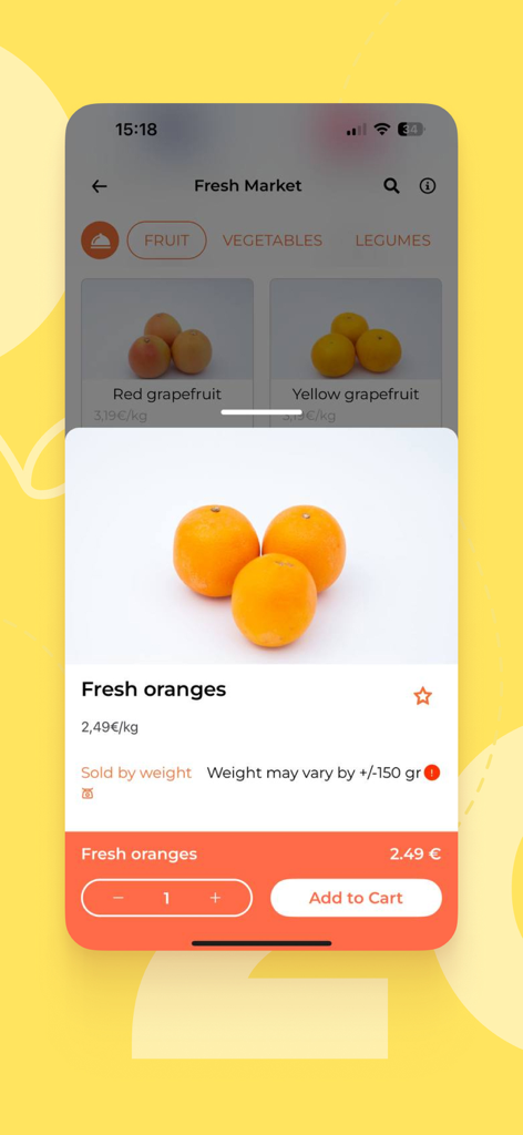 2GO Local Food Delivery - Una interfaz de aplicación móvil que muestra una página de producto de naranjas frescas de un mercado local con una opción de añadir al carrito