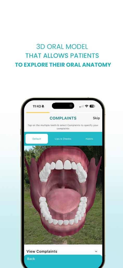 DentaSmart - Écran d'application de smartphone montrant un modèle dentaire 3D pour identifier les problèmes de santé bucco-dentaire