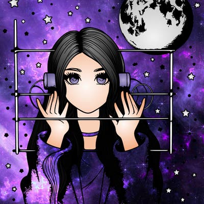 realistic girl with space bars and moon