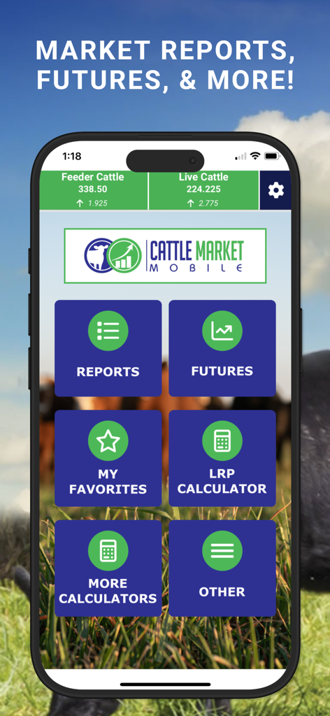 Cattle Market Mobile - Cattle Market Mobile app home screen featuring livestock market reports futures and agriculture calculators