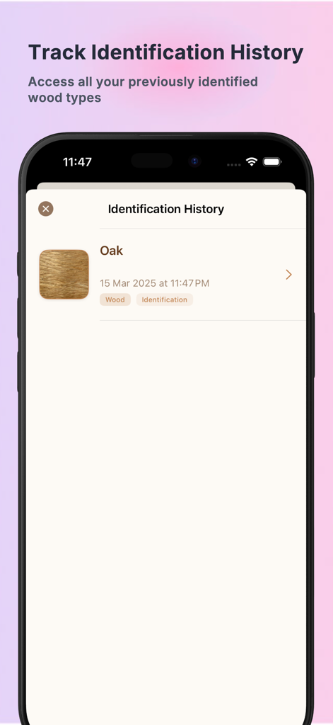 Wood Identifier AI Scanner - Wood identification history screen showing a previously scanned oak wood entry with date and thumbnail