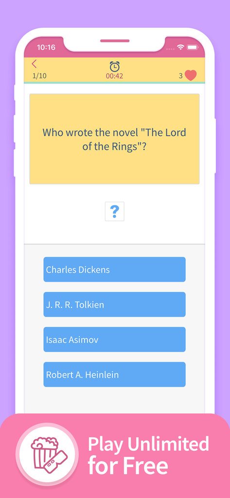 TRIVIA 360 Quizspiel-Bildschirm mit einer Literaturfrage zum Autor von Der Herr der Ringe mit Multiple-Choice-Optionen.