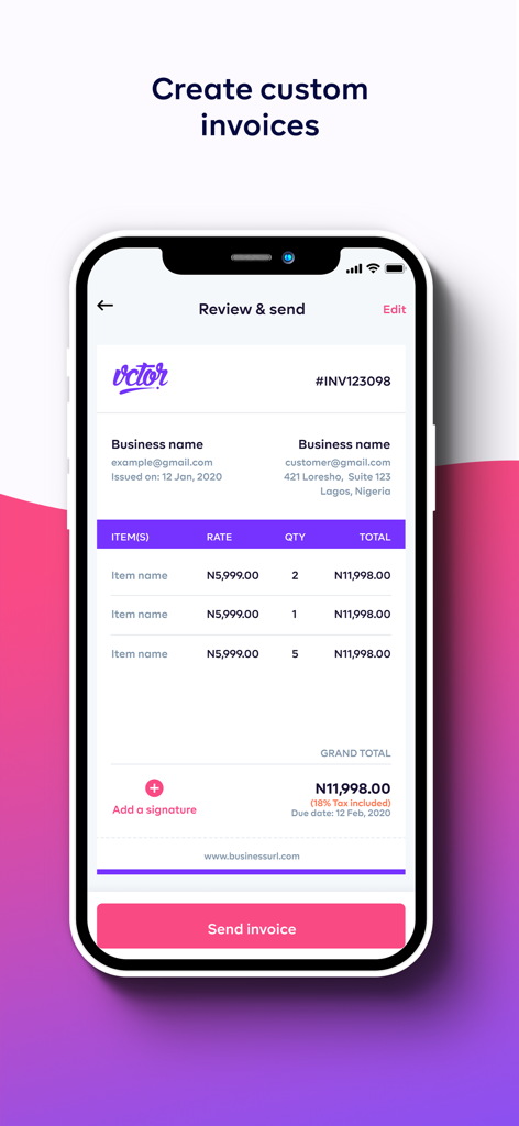 Prospa - Business Account - Interface do aplicativo móvel para criar e enviar faturas empresariais profissionais no Prospa