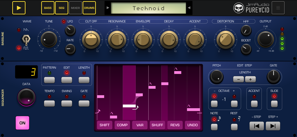 Interface de l'application Pure Acid montrant les contrôles du synthétiseur de bassline style analogique et un visualiseur de séquenceur.