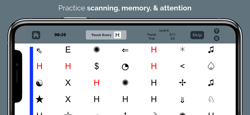 Visual Attention Therapy Lite app interface showing a scanning and memory exercise on a smartphone