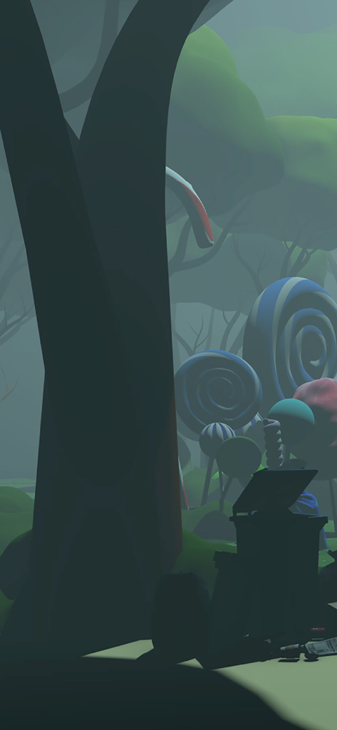 거대한 나무 실루엣이 있는 신비로운 사탕 숲 속의 거대하고 다채로운 롤리팝