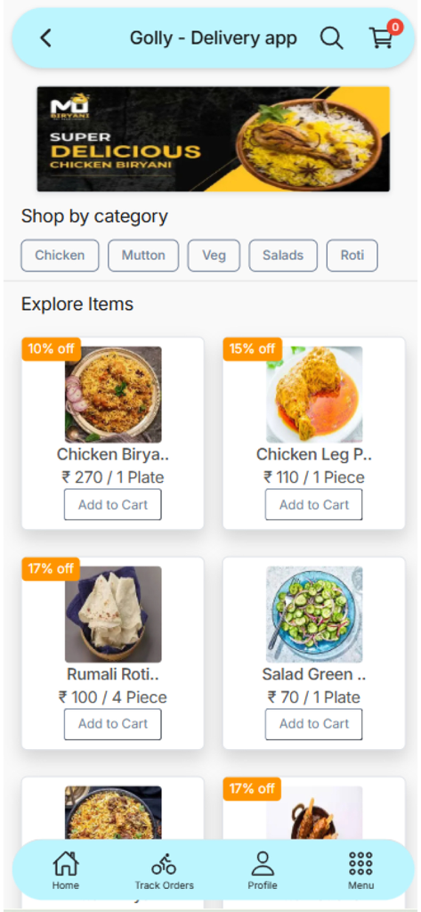 Golly - Delivery app - Golly 배달 앱 인터페이스에는 치킨 비르야니와 샐러드 같은 음식 카테고리와 가격 및 할인이 표시된 다양한 품목이 표시됩니다.