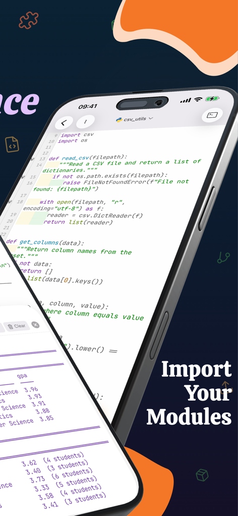 Python - IDE Coding PyNote - Mobile Python IDE app interface showing CSV module import and code editor on an iPhone.