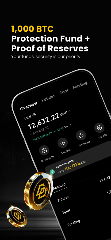 WEEX mobile app interface showing user wallet balance and security features like the 1000 BTC Protection Fund.