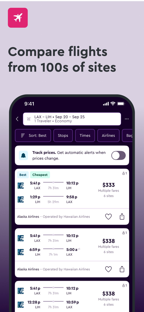 momondo: Flights, Hotels, Cars - 가격 추적 및 필터링 옵션이 있는 항공권 검색 결과를 보여주는 momondo 앱 인터페이스.