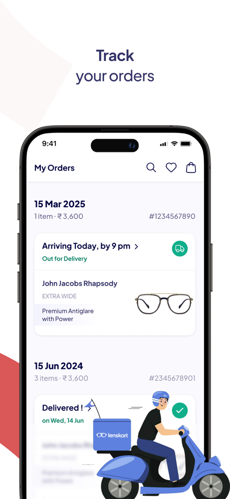 Lenskart: Eyewear - Interface de l'application Lenskart affichant le statut de suivi de commande et les mises à jour de livraison pour les lunettes
