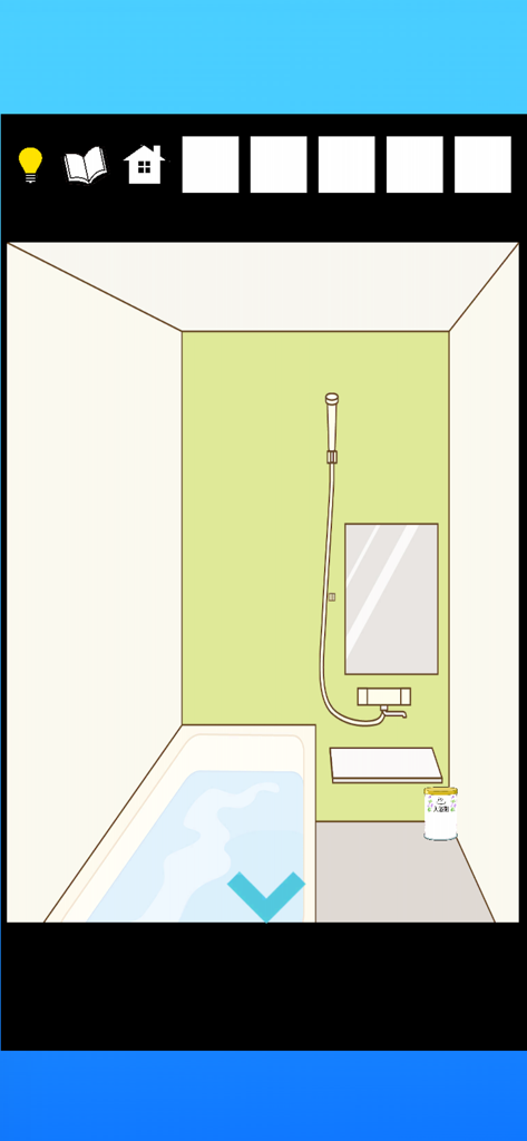 A minimalist bathroom scene with a bathtub and shower in the Thief and Dog escape game.