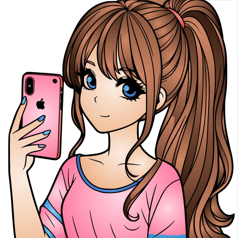 a realistic girl with a pony tail and a iphone
