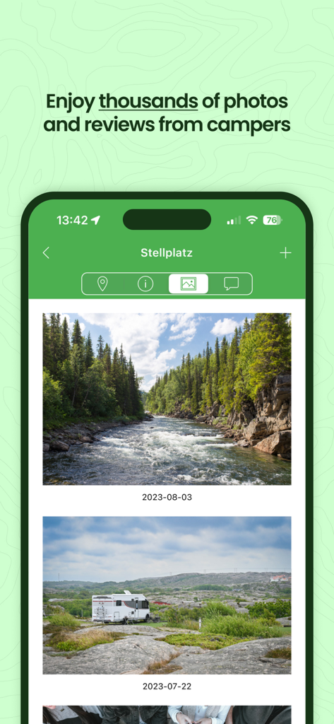 iPhone screen displaying user submitted photos of nature and motorhomes in the Stellplatz Europe camping app