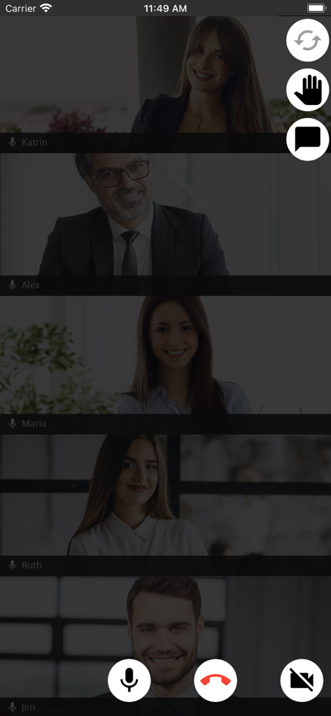 3CX Video Conference - Mobile interface of a 3CX video conference showing five participants in a group call with meeting controls