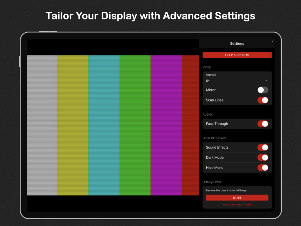 HDMeye - HDMeye App-Oberfläche auf einem iPad, die erweiterte Video- und Audioeinstellungen zusammen mit einem Farbbalken-Testmuster mit Scanlines anzeigt