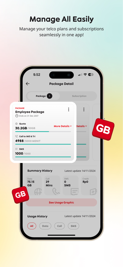 myIM3 - Interface of the myIM3 app showing detailed usage of data quota, calls, and SMS for an active telco plan.