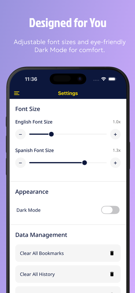 Spanish Dictionary: Translate+ - App settings interface showing adjustable font sizes for English and Spanish and a dark mode toggle.