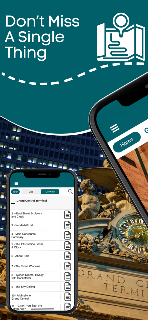 Mobile app interface for Grand Central Terminal walking tour showing a list of historic sites like Vanderbilt Hall and the Sky Ceiling.