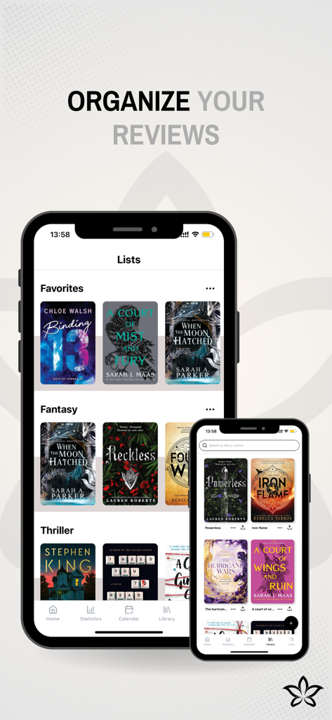 Liryo: Reading Journal - Interfaz de aplicación móvil que muestra listas de libros y reseñas organizadas en categorías como favoritos y fantasía