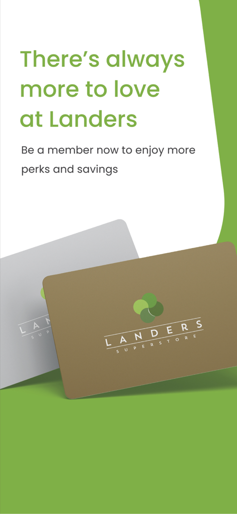 Landers Superstore - Two Landers Superstore membership cards displayed with text about perks and savings
