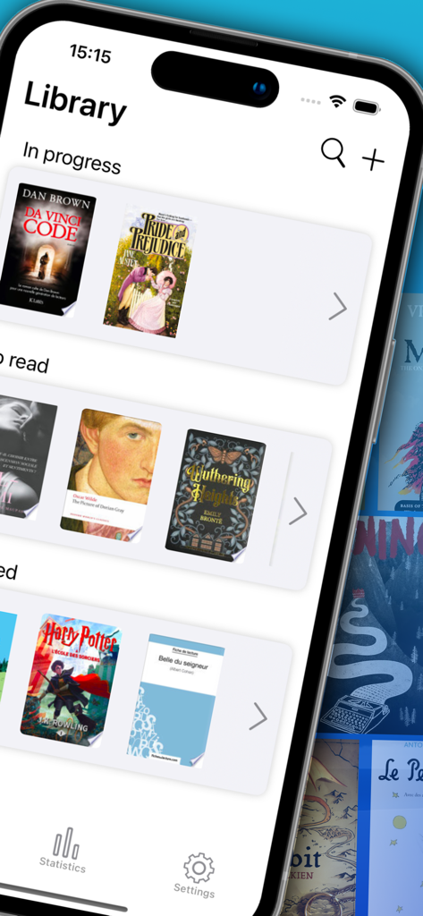 Book Tracker : all your books - Mobile app interface of Book Tracker showing personal library categories including In Progress, To Read, and Finished books with covers