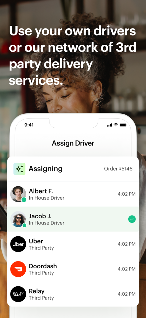Shipday app interface showing options to assign orders to in-house drivers or third-party services like Uber and Doordash
