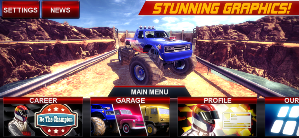 Offroad Legends - Main menu of Offroad Legends mobile game featuring a blue monster truck on a desert track