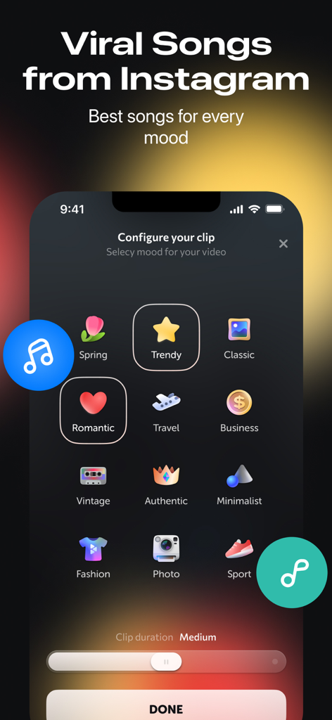 Reels Templates & Maker: CutLy - CutLy app interface for selecting viral Instagram music and video moods like trendy travel and fashion