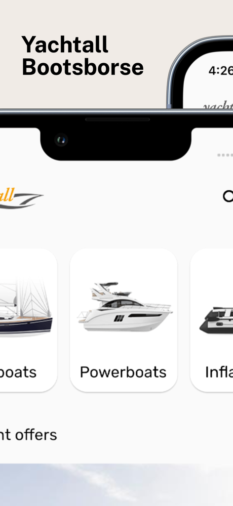 Yachtall.com - Yachtall mobile app interface showing powerboats and sailing vessel categories