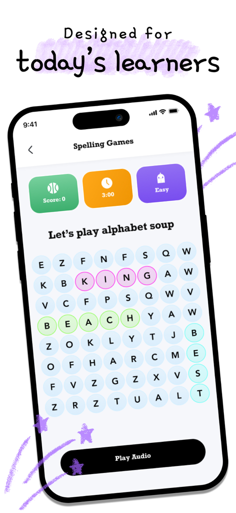 Spelling: Spelling Games - A word search mini game called alphabet soup inside the Spelling Games mobile app