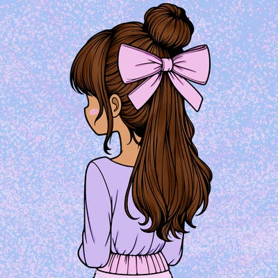 realistic girl  with hip length hair a bun and a big bow on the back of head