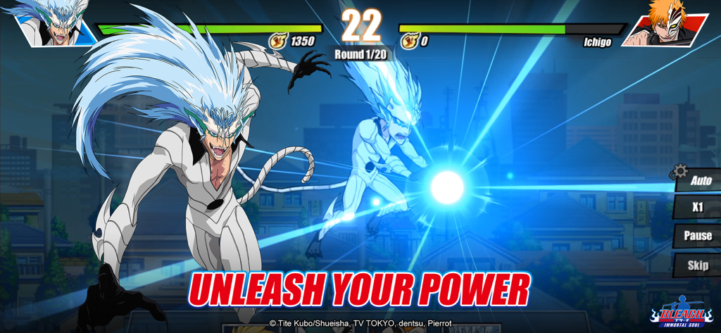 An action-packed combat scene in Bleach Immortal Soul featuring Grimmjow Jaegerjaquez unleashing a powerful blue energy attack with the text Unleash Your Power.