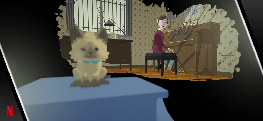 Before Your Eyes - Una scena stilizzata di Before Your Eyes che mostra una persona che suona il pianoforte con un gatto in primo piano