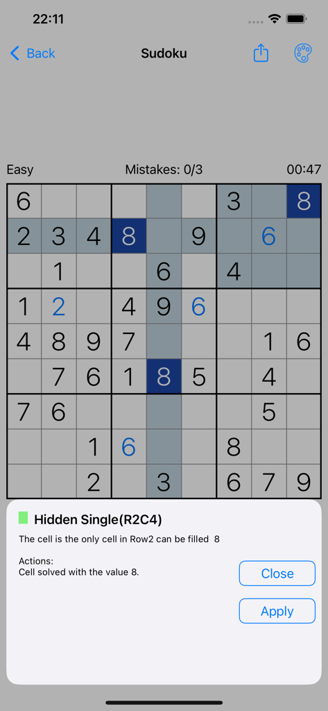 Sudoku: Daily Number Puzzle - Una interfaz de juego de Sudoku mostrando una ventana emergente de pista inteligente que explica la lógica de la única oculta para resolver una celda.