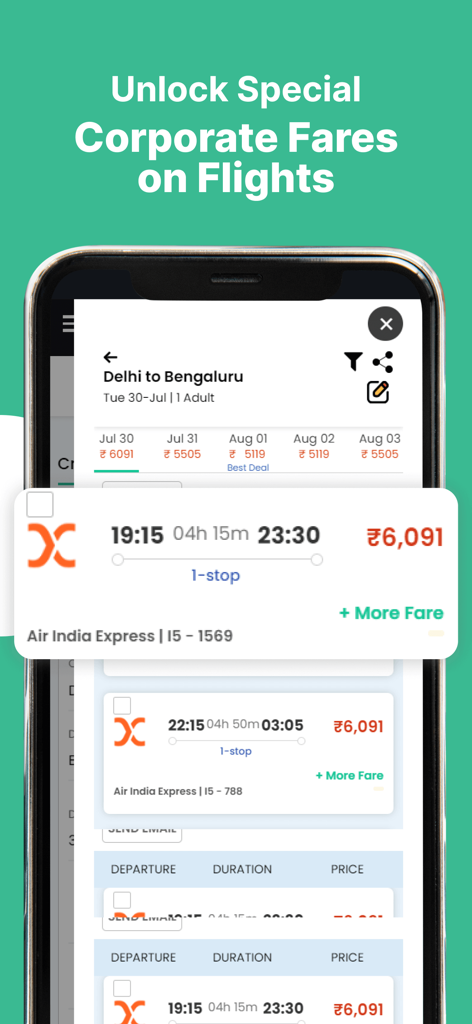 EMTDesk - Interface of EMTDesk app showing corporate flight options and discounted fares