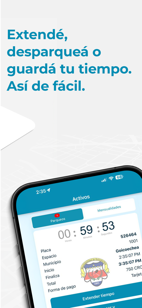 Interfaz de la aplicación móvil epark mostrando un temporizador de sesión de estacionamiento activo con detalles y opciones para extender el tiempo