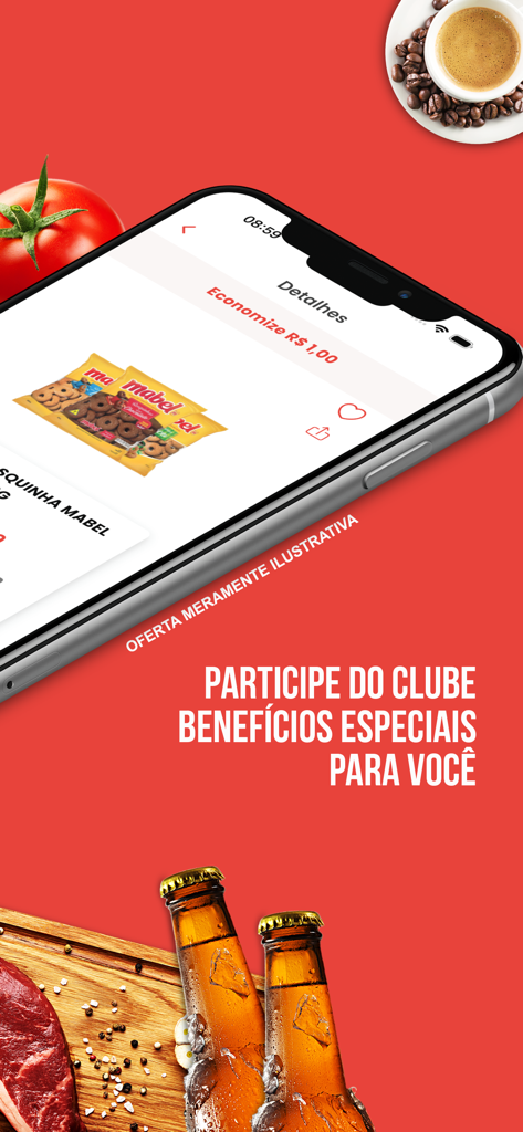 Clube Smart Supermercados - Smartphone exibindo descontos de supermercado e benefícios do clube de fidelidade em um fundo vermelho com itens de comida